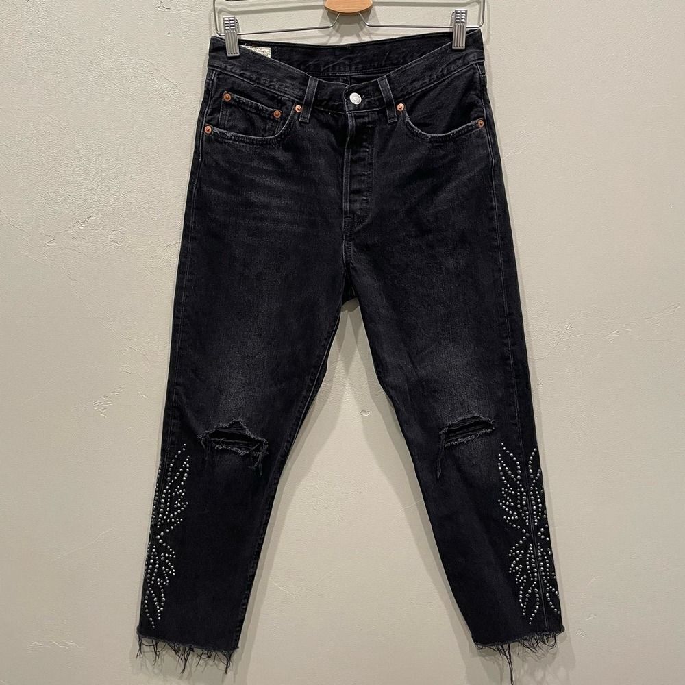 Levi's 501 Faded Black Wide Leg Flare Ankle Jeans - Size: 27